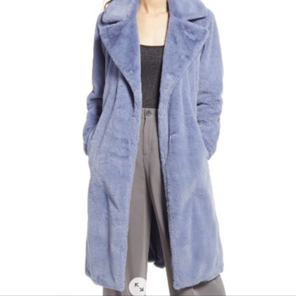 OPEN EDIT Pastel Blue Faux Fur Open Front Longline Teddy Coat Soft Girl Coquette